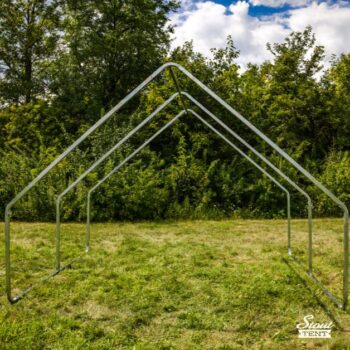 Galvanized steel frame for a canvas wall tent showing durable poles and connection joints.