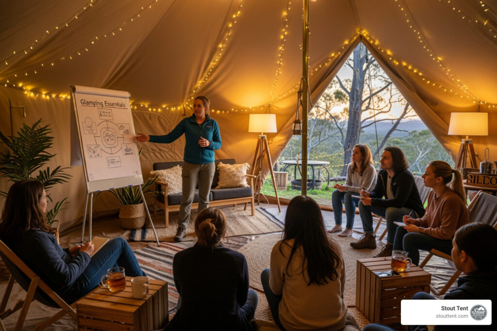 Stout Pro Bell Tent used as a quiet outdoor office with a desk and chairs
