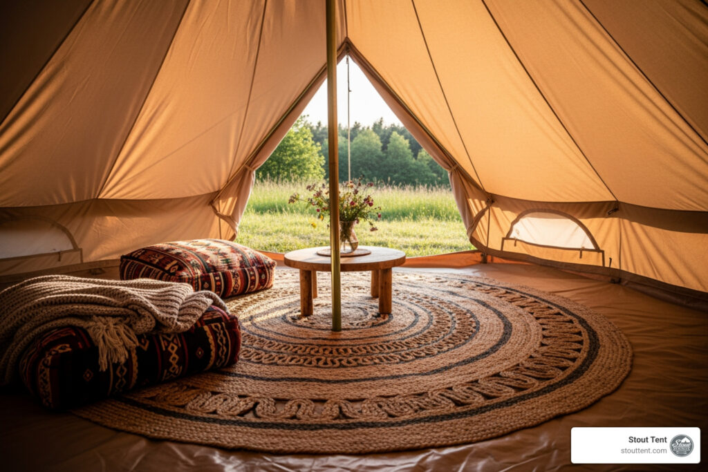 Luxury bell tent interior styled as a backyard guest house with queen bed and rugs.