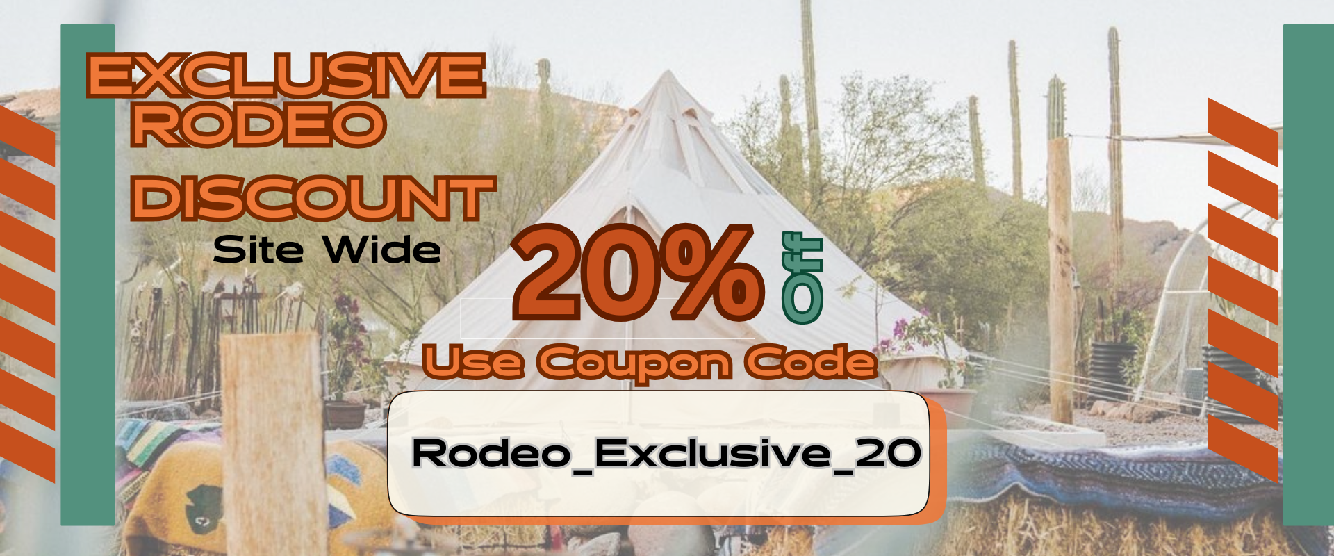 Premium canvas tent set against a desert landscape with bold text reading Rodeo-Ready Premium Canvas Tents.