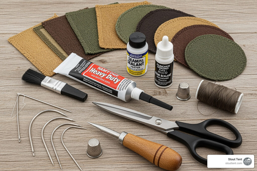 Stout Tent Canvas Patch Kit with Tear Mender glue for pro-grade canvas tent repair.